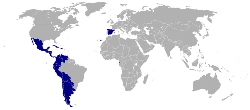 スペイン語公用語地域図（By Onofre Bouvila (Own work) [Public domain], via Wikimedia Commons）